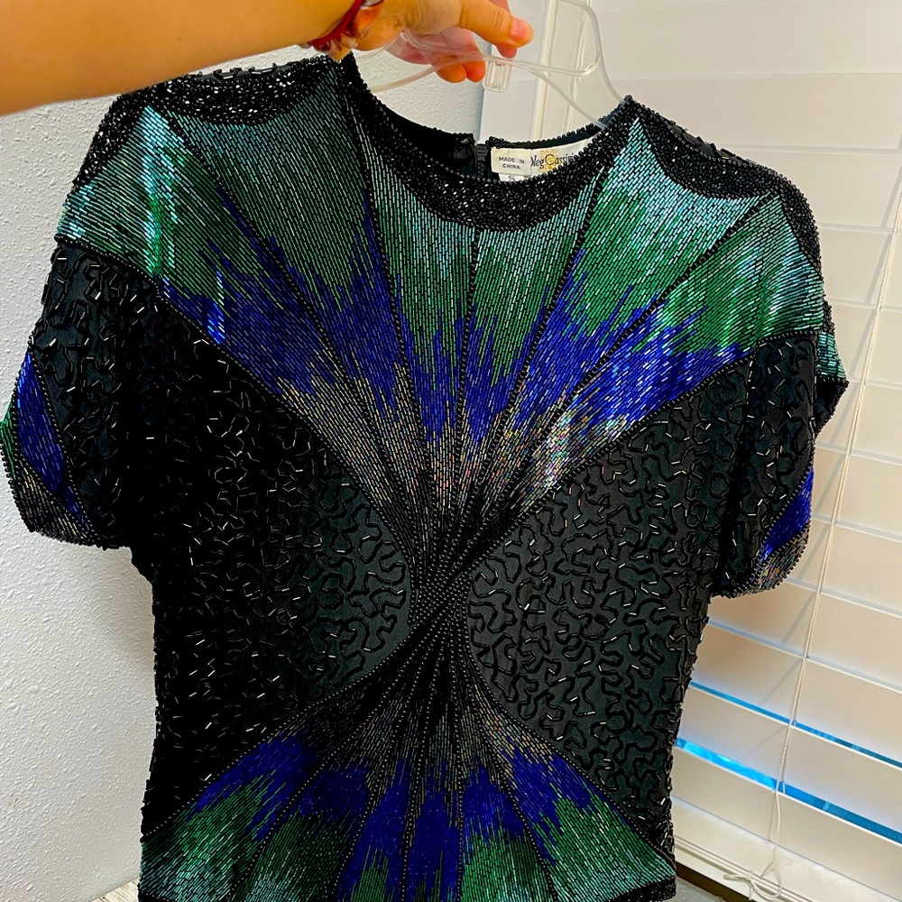 Oleg Cassin Beaded black, blue and green top